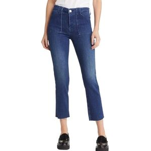 Frame Le High Straight Trapunto Jeans Medium Blue Cargo Pockets Raw Hem Size 28